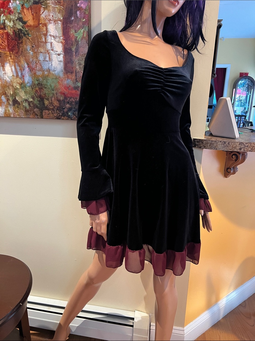 Black Velvet Dress with Burgundy Ruffle Trim